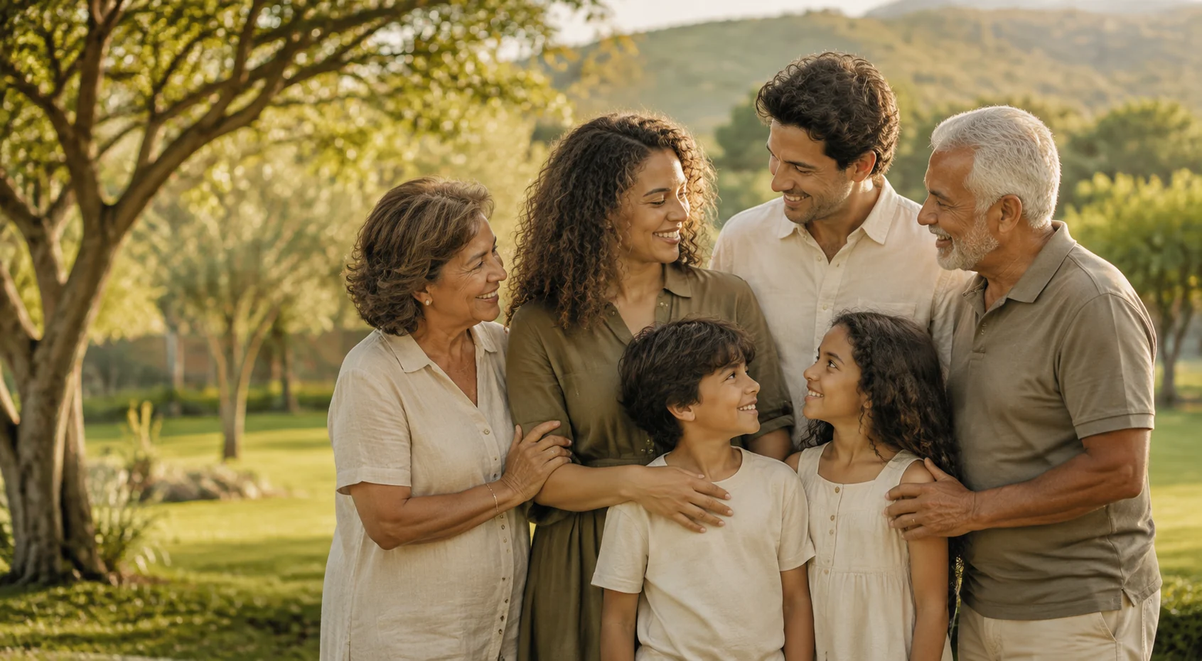 Família reunida em uma área verde ao entardecer